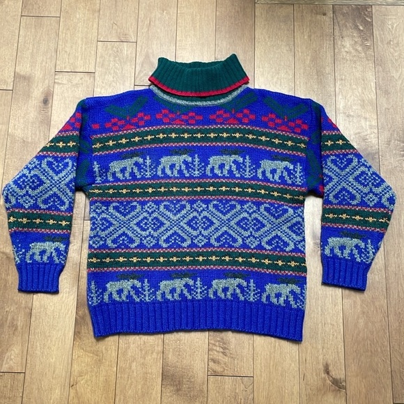 Eddie Bauer Sweaters - EDDIE BAUER Womens Sweater L Nordic Moose 100% Wool Turtleneck 1992 Vintage